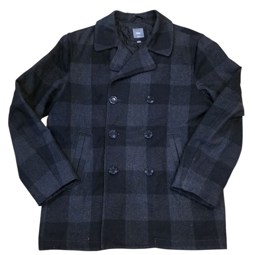 GAP Men's Large Charcoal and Black Checkered Peacoat Wool Blend Double Breasted